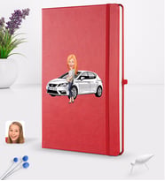 BK Gift Kişiye Özel Plakalı Kadın Seat Leon Karikatürlü Kırmızı Termo Deri Defter 16x24cm Model 1