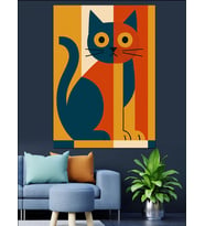 Minimalist Geometrik Kedi Çizimi Dekoratif Kanvas - Mdf Ahşap Tablo