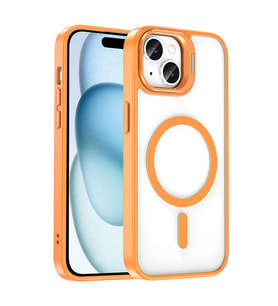 Apple iPhone 15 Uyumlu Kılıf M-safe Şarj Özellikli Standlı Zore M-safe Klon Lensli Kapak (Turuncu)