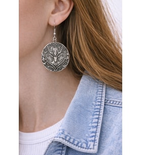 Geyik Başlı Yaşam Ağacı Motifli Gümüş Renk Metal Unisex Sallantılı Küpe