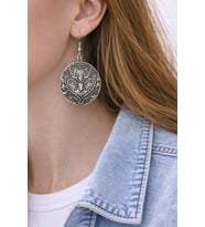 Geyik Başlı Yaşam Ağacı Motifli Gümüş Renk Metal Unisex Sallantılı Küpe