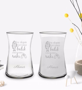 BK Gift Kişiye Özel Bu Akşam Burcumuz Balık Tasarımlı 2’li Heybeli Çay Bardağı Rakı Kadehi-1