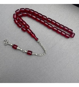 Alpaka Püsküllü Koyu Kırmızı Kapsül Kesim Sıkma Kehribar Tespih