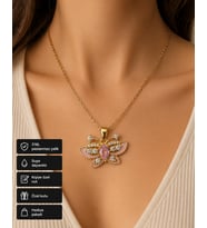 Butterfly Kadın Kolye Altın Renk Paslanmaz Çelik Pembe Detaylı Hediye