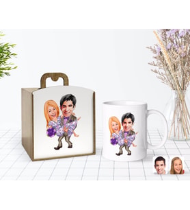 BK Gift Kişiye Özel Ahşap Kutuda Sevgililer Karikatürlü Beyaz Kupa Bardak-56