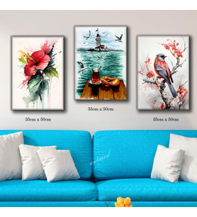 kız kulesi simit çay renkli daldaki kuş tablosu 3 adet 35cmx50cm kumaş baskılı canvas tablo