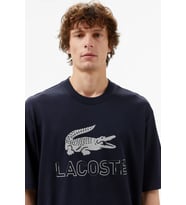 Lacoste Men's Loose Fit Navy Tshirt Pamuklu Geniş Kalıp Reflektörlü Bisiklet Yaka Baskılı Erkek Tişört Lacivert