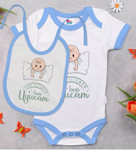 BK Kids Çok İlişmen Tasarımlı Mavi Bebek Body Zıbın ve Mama Önlüğü Hediye Seti-1