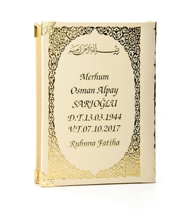 50 ADET - İsim Baskılı Ciltli Yasin Kitabı - Çanta Boy - Bej - 128 Sayfa - Mevlit Hediyeliği