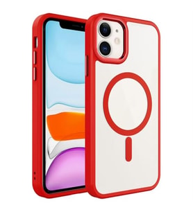 Coverzone iPhone 11 ile uyumlu K?l?f Wireless ?arj �zellikli Metal buton Z-Krom MagSafe ile uyumlu ?effaf Transparan Double Color Silikon Kapak K?rm?z?