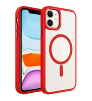 Coverzone iPhone 11 ile uyumlu K?l?f Wireless ?arj �zellikli Metal buton Z-Krom MagSafe ile uyumlu ?effaf Transparan Double Color Silikon Kapak K?rm?z?