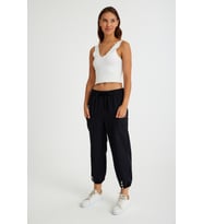 Keten Günlük Pantolon Beli Lastikli Bağcıklı (Siyah)