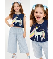 Kız Çocuk Takım İkili Unicorn Penye T-shirt Dokuma Geniş Paça Pantolon Yazlık 4-10 Yaş (Mavi)