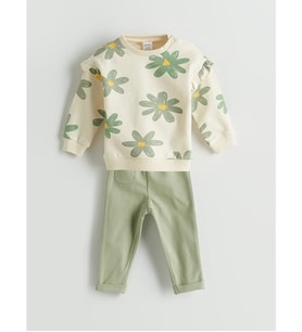 LCW baby Ekru Çiçekli Kız Bebek Sweatshirt Ve Pantolon 2'li Takım