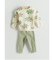 LCW baby Ekru Çiçekli Kız Bebek Sweatshirt Ve Pantolon 2'li Takım