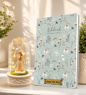 Kişiye Özel Şık Defter ve LED Işıklı Şans Melekli Fanus Hediye Seti
