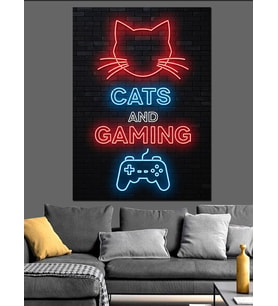 Neon Kedi Oyun Tabelası Dekoratif Kanvas - Mdf Ahşap Tablo