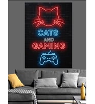 Neon Kedi Oyun Tabelası Dekoratif Kanvas - Mdf Ahşap Tablo
