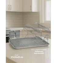 2 Katlı Bulaşıklık Tezgah Üstü Tabaklık BPA FREE Bulaşık Sepeti Kalpli Gri