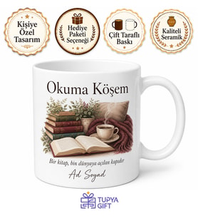 Okuma Köşem Yazılı Kitap Sever Baskılı Kupa Bardak Hediye