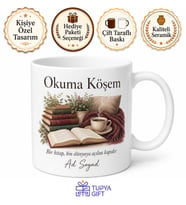 Okuma Köşem Yazılı Kitap Sever Baskılı Kupa Bardak Hediye