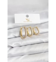 Pirinç Gold Renk Zirkon Taşlı Halka Model YSX Trio Küpe Seti - TJ-BKP11570