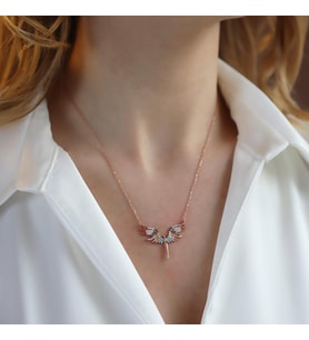 Mikail Meleği Renkli Zirkon Taşlı Rose Gold Kaplama Gümüş Kolye