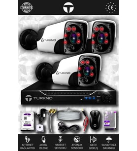 TURKNO 3 Kameralı Pania 3 Dış Kamera Set 320 GB HDD Full HD Gece Görüşlü Güvenlik Kamerası Sistemi