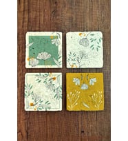 Doğal Taş Bardak Altlığı Çiçek Temalı Baskılı 10x10cm Stone Coasters 4'lü Set