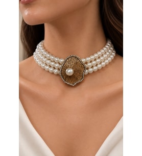 Zirkon Taşlı Choker İnci Kolye Deniz Kabuğu Figürlü