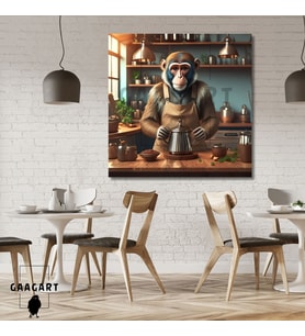 Kare Kanvas Kahve Köşesi Cafe Tablosu Barista Maymun