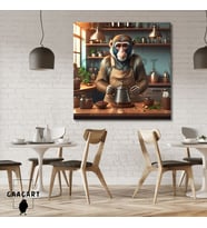 Kare Kanvas Kahve Köşesi Cafe Tablosu Barista Maymun