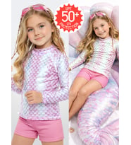 UV Korumalı Kız Çocuk Mayo T-shirt UVP+50 Faktör Koruma Uzun Kollu Denizkızı (Pembe)