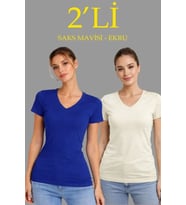 pilelistore- 2li V Yaka Tişört – Kısa Kollu Yazlık Slim Fit Body - Saks Mavisi - Ekru (Çok Renkli)