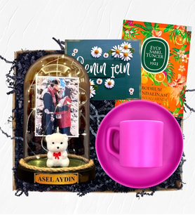 İsimli Fotoğraflı ve Işıklı Fanus & Pembe Kahve Fincanı  Kişiye Özel Premium Set (Model 5)