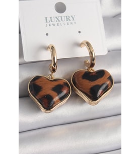 Pirinç Gold Renk 3D Kalp Leopar Desen Model Kadın Küpe - TJ-BKP9875