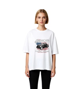 Kadın Oversize Vintage Amerikan Otomobili Klasik Efsane Baskılı Kısa Kollu Rahat Tişört Günlük Şık