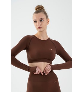 Maraton SlimFit Kadın Bisiklet Yaka Sepya Crop Top