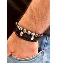 %100 Deri&Hematit Kombinli 3lü Erkek Bileklik Set 22 cm (Türk El Üretimi) (Siyah)