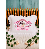 Kişiye Özel İsimli Mickey Mouse Temalı Pembe Balonlu Fırfırlı Bebek Yastığı