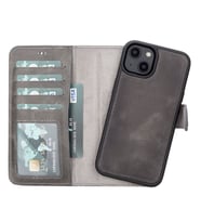 Apple iPhone 14 Uyumlu Deri Cüzdanlı Kılıf MWWN VS4EF Gri