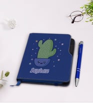 BK Gift Kişiye Özel Kaktüs Tasarımlı Lacivert Termo Deri Defter Kalem Seti-4