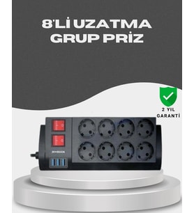 Akım Korumalı 8’li Priz 3 USB’li Uzatma Kablosu Isıya Dayanıklı 2 Metre