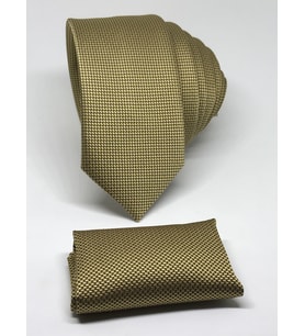 Gold Renk Mendilli  Slim Fit Oxford Kuş Gözü Desen Kravat