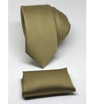 Gold Renk Mendilli  Slim Fit Oxford Kuş Gözü Desen Kravat
