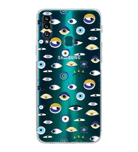 PrintiFy Samsung Galaxy A20S ile Uyumlu Nazar Boncuğu 2 Baskılı Kamera Korumalı Şeffaf Silikon Kılıf