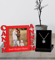 Annelere Özel Canım Annem Tasarımlı Premium Fotoğraflı Kırmızı Masaüstü Çerçeve Ve Kartanesi Kolye Set