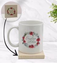 BK Gift Kişiye Özel Çiçek Tasarımlı Beyaz Kupa Bardak ve Ahşap Bardak Altlığı Hediye Seti - Model 8