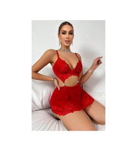 Taşlı Kalpli Mini Dantelli Tül Çekici Gecelik