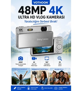 Dijital Kamera 4K HD 48MP 16X Zoom Flaşlı Kayar Retro Video Kamera 2.8" Ekran 64GB SD Kart Hediyeli